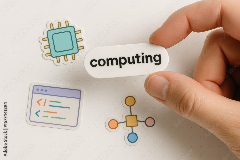 Naklejka premium A arranging icons and labels symbolizes the digital data and computing concepts in modern business