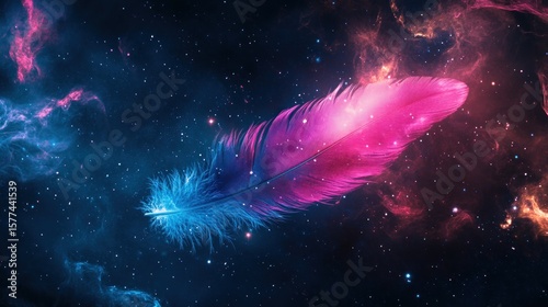 A vibrant feather floats amidst a cosmos of deep blues, pinks, and golds.  A single,  glowing feather, split in pink and blue hues,  sits in a background of star-filled, swirling nebulae