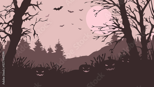 Halloween night scene with bats flying over trees and pumpkins under a full moon in a spooky forest
