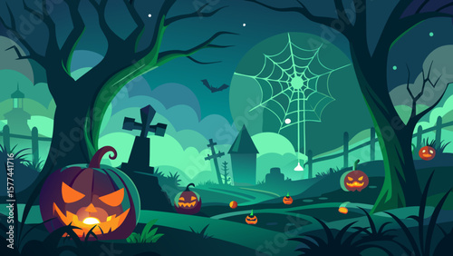 A halloween night scene with pumpkins, graves, trees, and a spiderweb in a spooky graveyard setting