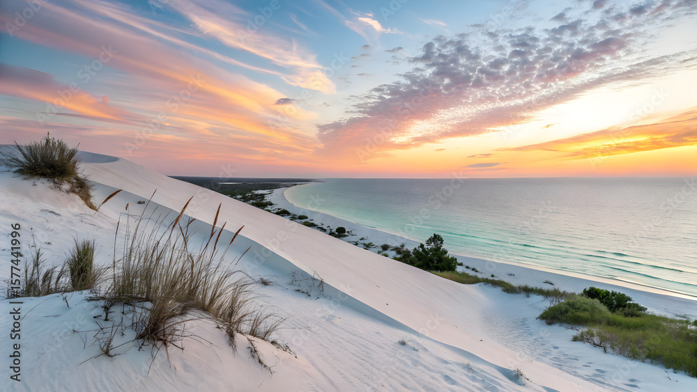 White sand dune by pastel ocean at sunrise White sand dune by pastel ocean at sunrise