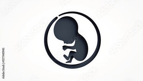 Dark Gray Fetus Silhouette Inside Circular Frame on White Background Medical Illustration