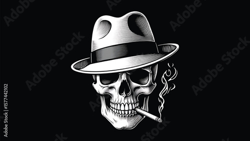 Detailed illustration of a skull wearing a fedora smoking a cigarette black and white engraving