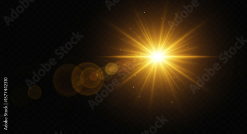 Vibrant golden light burst with lens flares on dark background creating a radiant glow