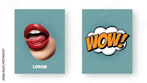 Diptych featuring a close up of red lips with tongue out and a pop art W O W speech bubble on