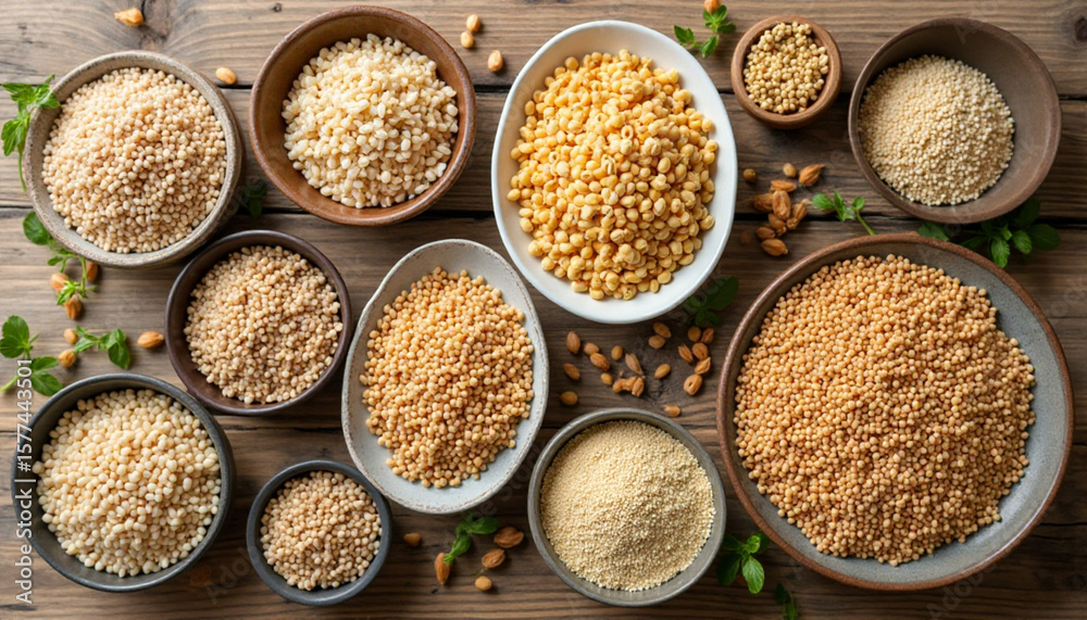 Varieties of Couscous offer diverse textures and flavors, showcasing semolina, barley, and sorghum in rustic bowls on a wooden background. Varieties of Couscous offer diverse textures and flavors, showcasing semolina, barley, and sorghum in rustic bowls on a wooden background.