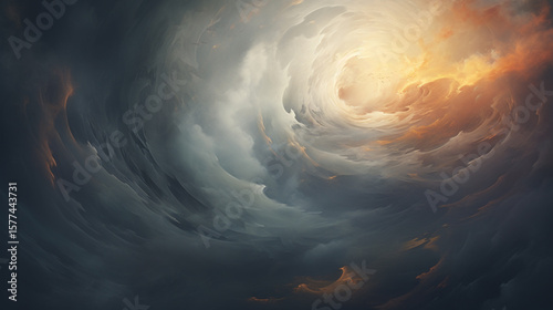 Swirling storm clouds with a bright center and dark edges creating a dramatic atmosphere view from below