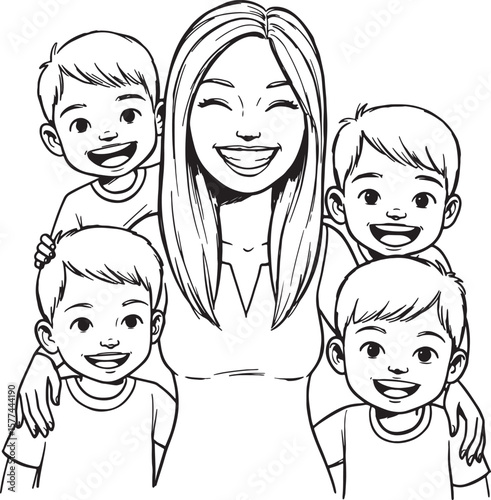 Smiling mother and four boys black and white illustration representing family bonds and happiness