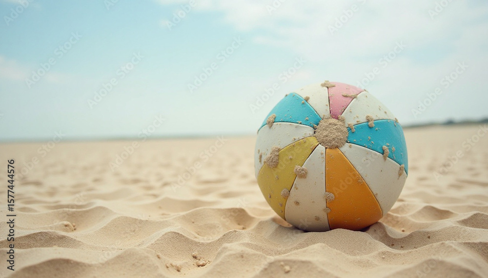 Obraz premium A colorful beach ball on a sandy shore under a serene summer sky for relaxation