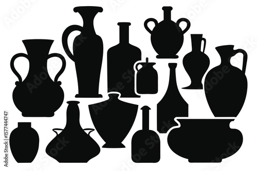 Kitchen icon set: silhouette vectors of cooking utensils, food, coffee, tea, bottles, glasses, cups, vases, pots, pans, spoons, forks, chef, and restaurant symbols