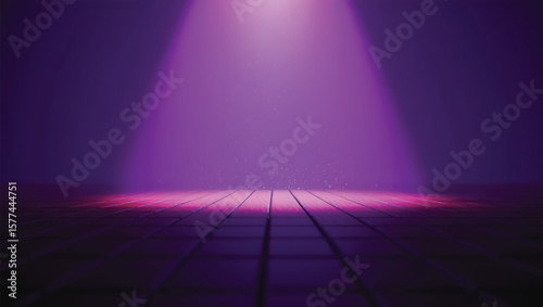 Purple and Pink Spotlight on Dark Wooden Floor with Glowing Particles beam