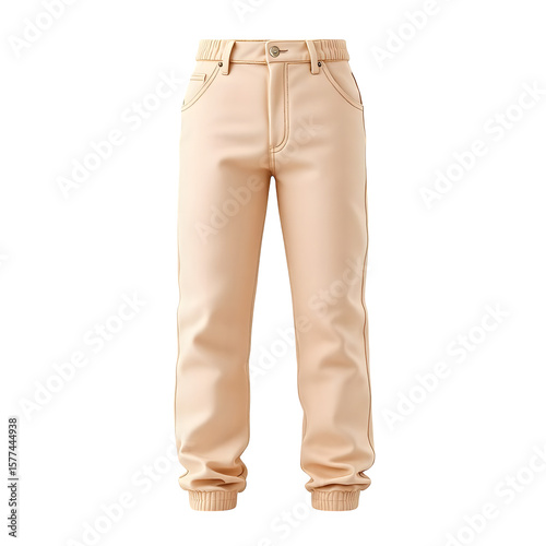 A pair of stylish beige trousers with a modern design, featuring a comfortable waistband and cuffed legs, isolated on a clean transparent background