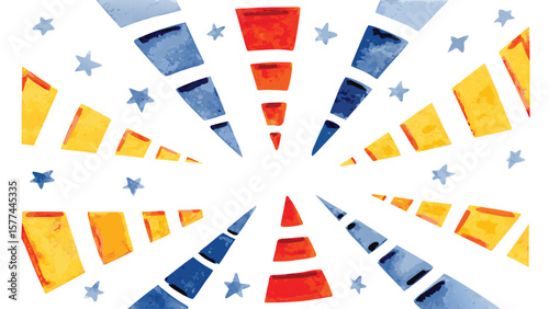 Watercolor style radial pattern with blue, yellow, and red shapes and scattered stars around it