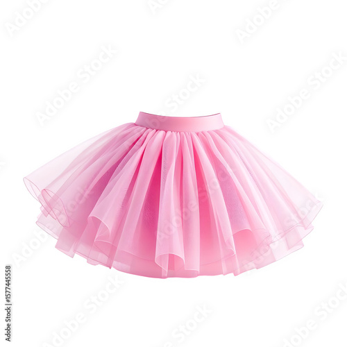 A fluffy pink tutu skirt with multiple layers of sheer fabric, isolated on a transparent background