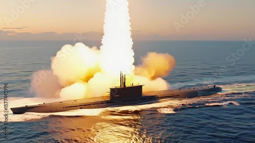 Submarine Launching Missile at Sunset Over Ocean with Explosive Fire and Smoke