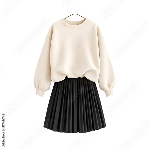 A creamcolored longsleeved sweatshirt paired with a black pleated midi skirt, presented on a transparent background