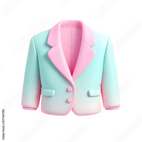 A sophisticated pastel teal and pink gradient blazer jacket with a single button closure and classic lapels, rendered in 3d and isolated on a transparent background