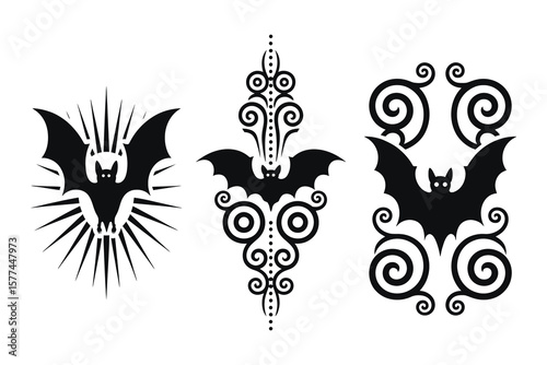 Set of Three stylized black bat with decorative elements and Swirls, Bats for Halloween Art, and rays design element for an Ornamental Poster on a White Background