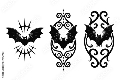 Set of Three stylized black bat with decorative elements and Swirls, Bats for Halloween Art, and rays design element for an Ornamental Poster on a White Background