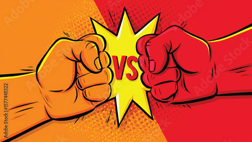 Two clenched fists facing each other in a versus battle orange and red comic book style illustration
