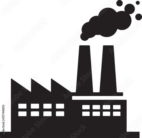 Black and white vector illustration of an industrial factory emitting smoke into the air
