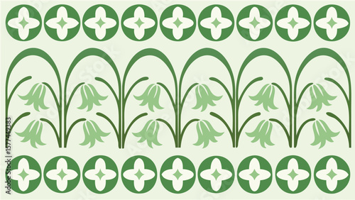 Floral pattern with green bellflowers and circles with plus signs in a decorative arrangement