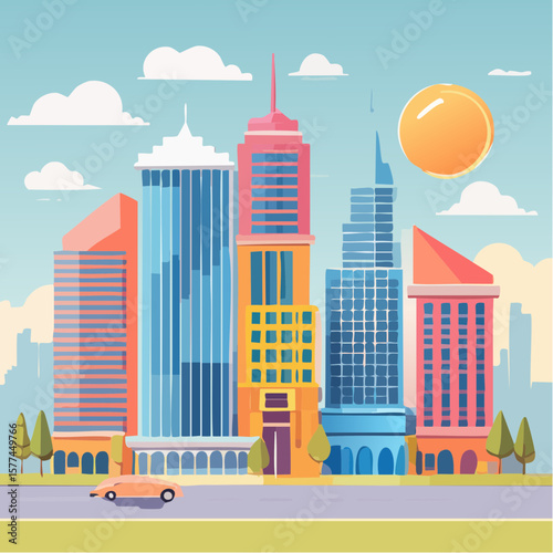 modern buildings in simple and clean geometric forms and vibrant colors