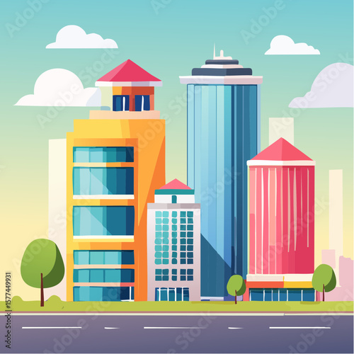 modern buildings in simple and clean geometric forms and vibrant colors