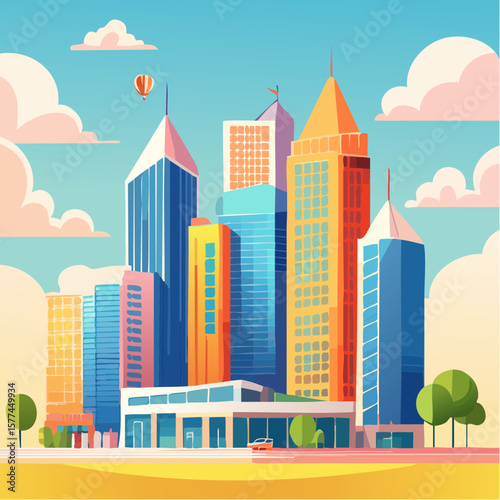 modern buildings in simple and clean geometric forms and vibrant colors