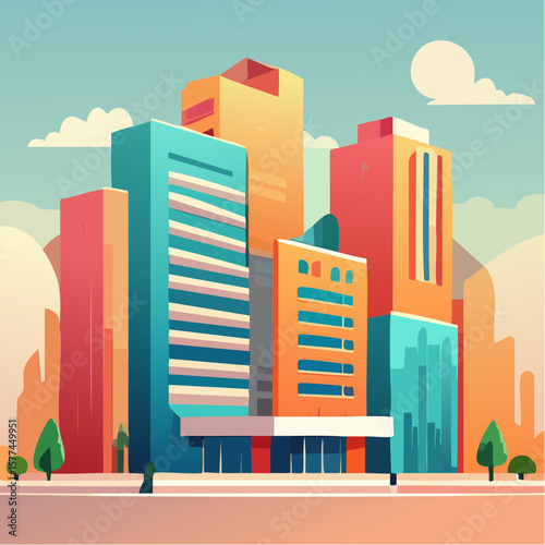 modern buildings in simple and clean geometric forms and vibrant colors