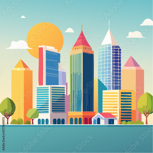 modern buildings in simple and clean geometric forms and vibrant colors