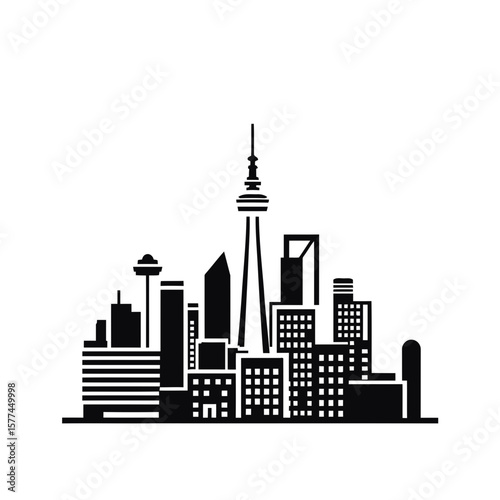 A striking vector illustration of a city skyline silhouette, showcasing urban architecture with iconic buildings and towering skyscrapers