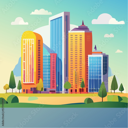modern buildings in simple and clean geometric forms and vibrant colors