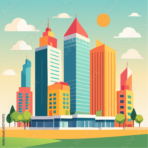modern buildings in simple and clean geometric forms and vibrant colors