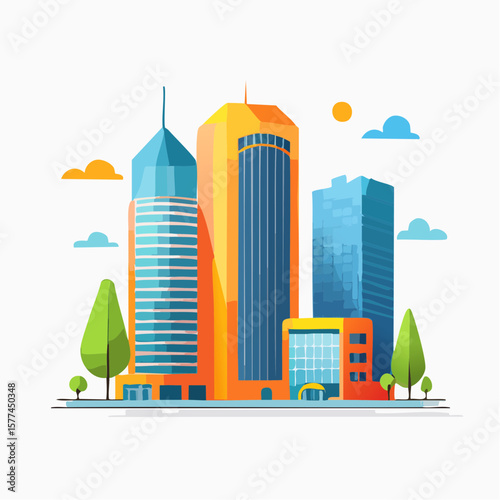 modern buildings in simple and clean geometric forms and vibrant colors