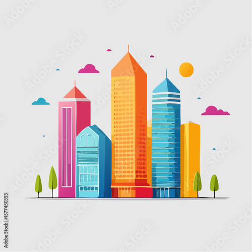 modern buildings in simple and clean geometric forms and vibrant colors