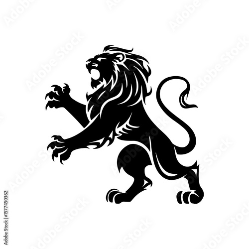 Royal heraldic lions. Black silhouette of rampant lion and griffins for logo or coat of arms. Premium wild animal crest symbols