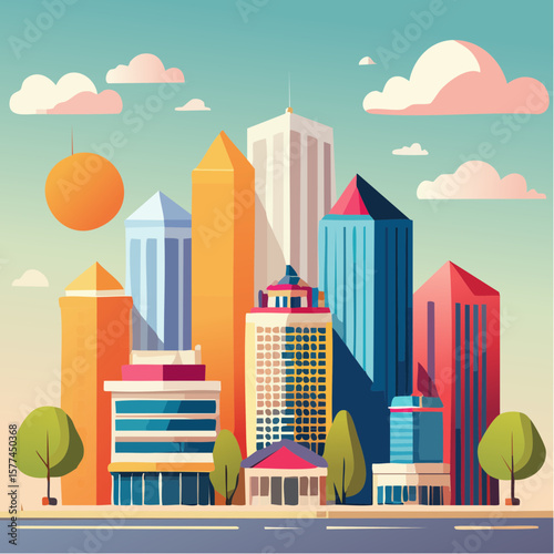 modern buildings in simple and clean geometric forms and vibrant colors