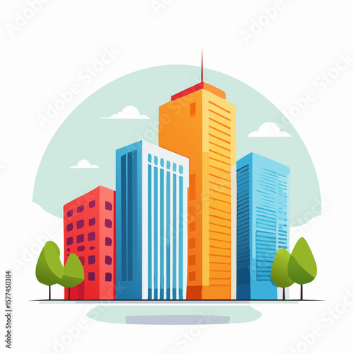 modern buildings in simple and clean geometric forms and vibrant colors
