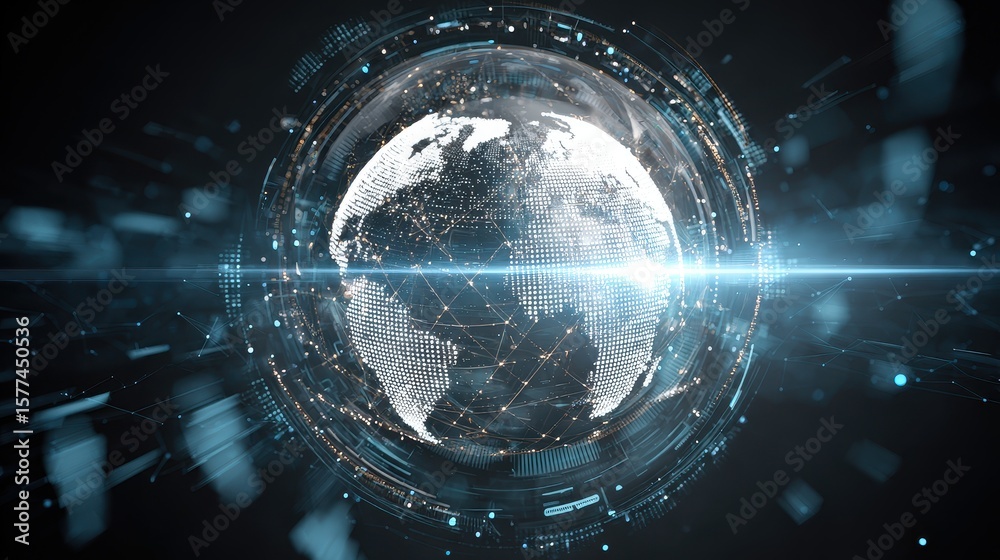 Obraz premium A globe made entirely of holographic light, surrounded by abstract data symbols, representing world trade connections, modern, clean, tech. 