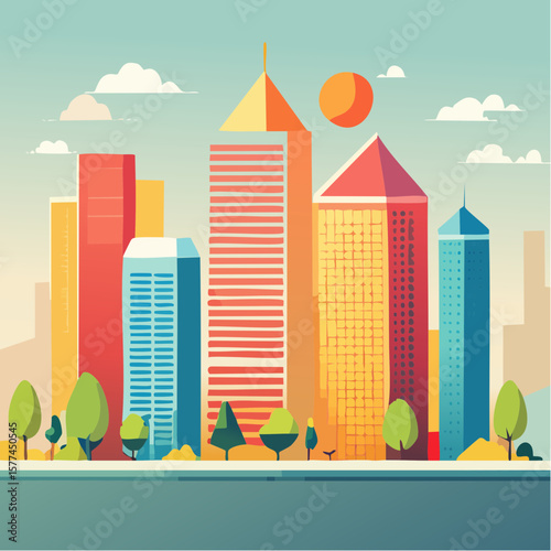 modern buildings in simple and clean geometric forms and vibrant colors
