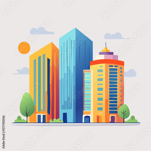 modern buildings in simple and clean geometric forms and vibrant colors