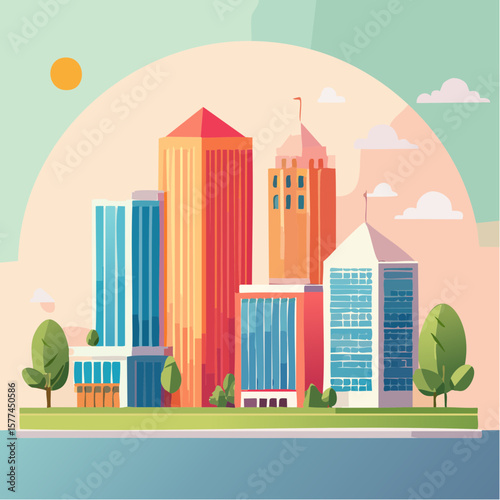 modern buildings in simple and clean geometric forms and vibrant colors