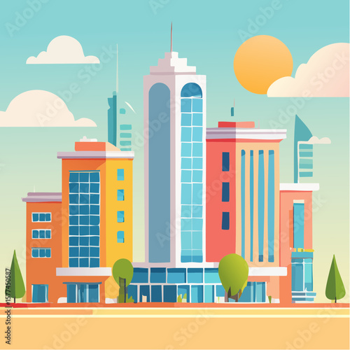 modern buildings in simple and clean geometric forms and vibrant colors
