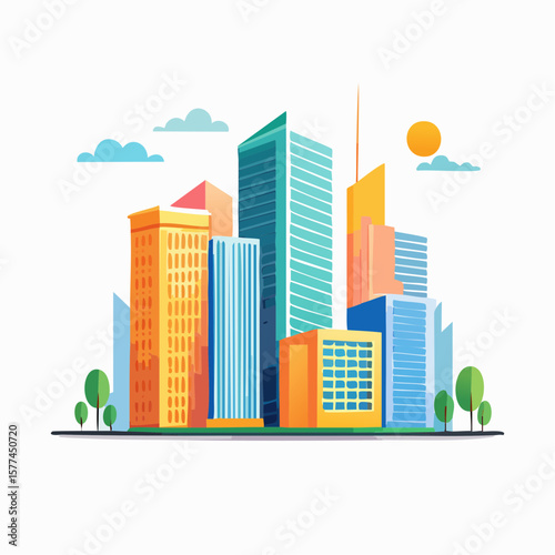 modern buildings in simple and clean geometric forms and vibrant colors