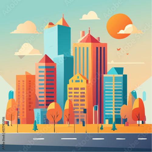 modern buildings in simple and clean geometric forms and vibrant colors