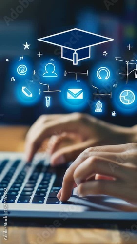 Close-up hands typing on laptop with glowing education-related icons floating above. Symbolizes online learning, communication,, digital tools for accessible, remote education.