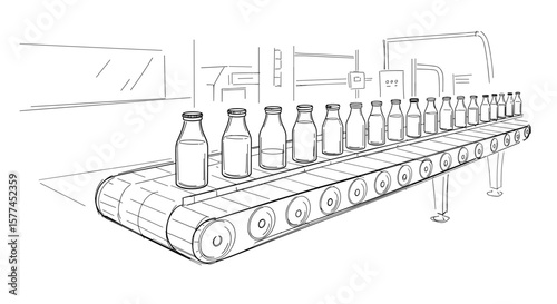 Engraving conveyor belt with glass milk bottles — vintage ink sketch doodle black and white vector illustration on white background