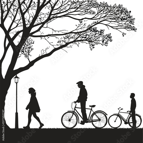 Happy family cycling silhouette in park with trees, a couple and child riding bikes for recreation