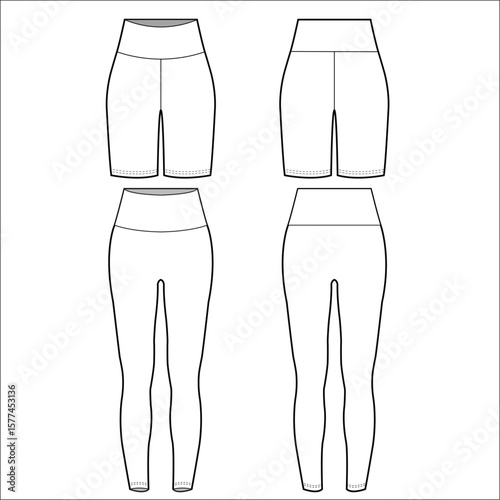 Ladies Leggings with Short Legging fashion flat sketch template. Unisex Biker Short Technical Fashion Illustration. Cycling shorts fashion design concept.